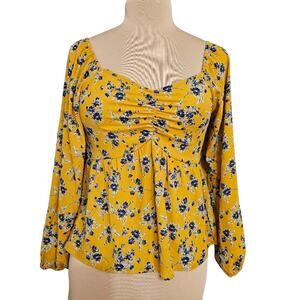 Pleione Floral Yellow Women's Top Small Smocked Ruched Sweetheart Neckline
